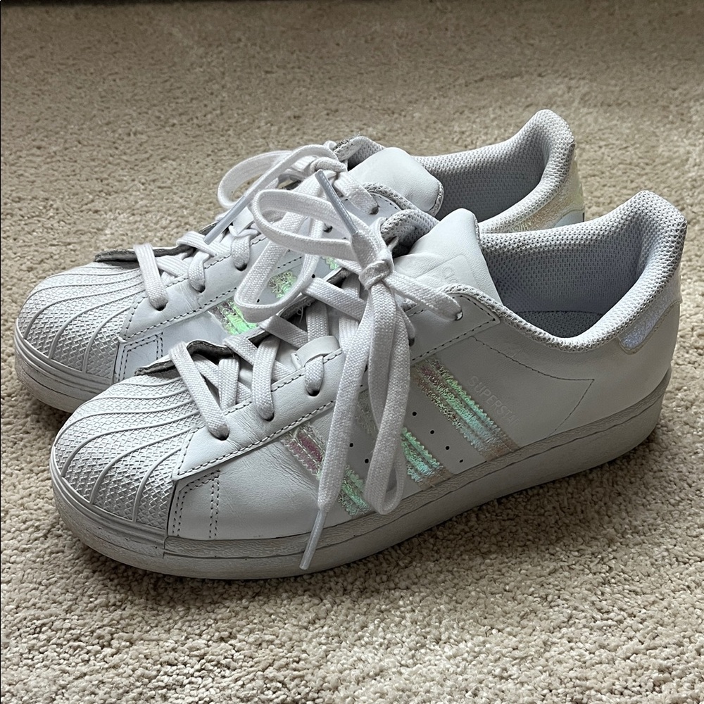 adidas Superstar Kids White Sneakers with Iridescent Stripes